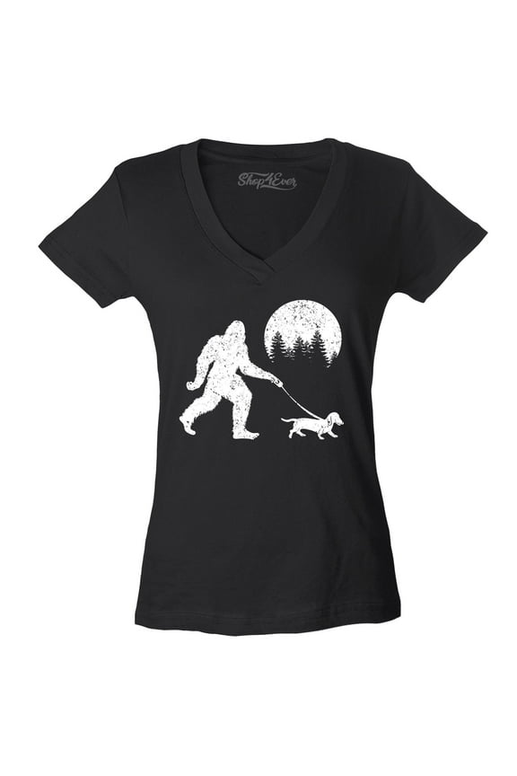 Women's Bigfoot Walking Wiener Dog Funny Sasquatch Dachshund Slim Fit V-Neck T-Shirt Large Black