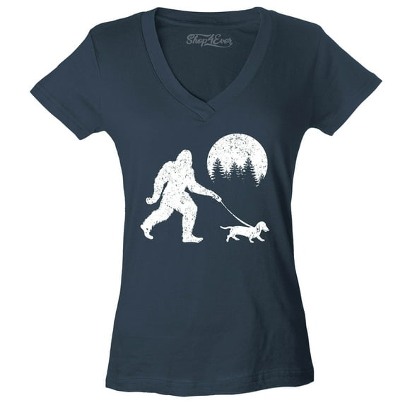 Shop4Ever Women's Bigfoot Walking Wiener Dog Funny Sasquatch Dachshund Slim Fit V-Neck T-Shirt Large Charcoal