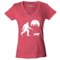thumbnail image 1 of Shop4Ever Women's  Bigfoot Walking Wiener Dog Funny Sasquatch Dachshund Slim Fit V-Neck T-Shirt Large Heather Red, 1 of 5