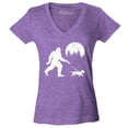 thumbnail image 1 of Shop4Ever Women's  Bigfoot Walking Wiener Dog Funny Sasquatch Dachshund Slim Fit V-Neck T-Shirt Small Heather Purple, 1 of 5