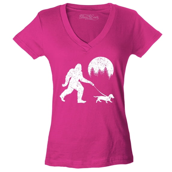 Shop4Ever Women's Bigfoot Walking Wiener Dog Funny Sasquatch Dachshund Slim Fit V-Neck T-Shirt X-Large Pink