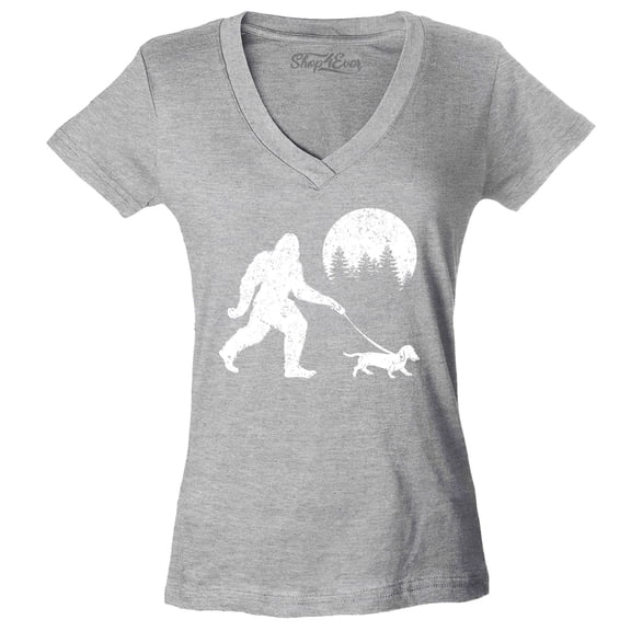 Shop4Ever Women's  Bigfoot Walking Wiener Dog Funny Sasquatch Dachshund Slim Fit V-Neck T-Shirt X-Large Sports Grey