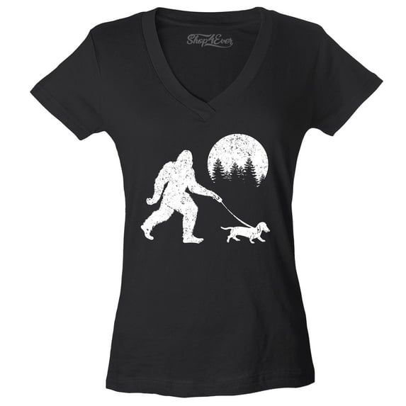 Shop4Ever Women's Bigfoot Walking Wiener Dog Funny Sasquatch Dachshund Slim Fit V-Neck T-Shirt X-Small Black