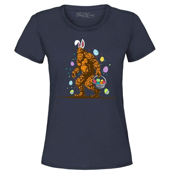 Shop4Ever Women's Bigfoot with Easter Basket and Eggs Funny Graphic T-Shirt Medium Navy
