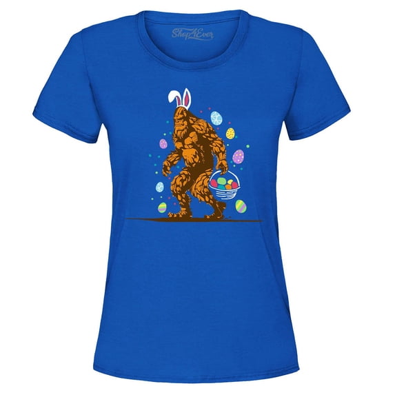 Shop4Ever Women's Bigfoot with Easter Basket and Eggs Funny Graphic T-Shirt Medium Royal Blue