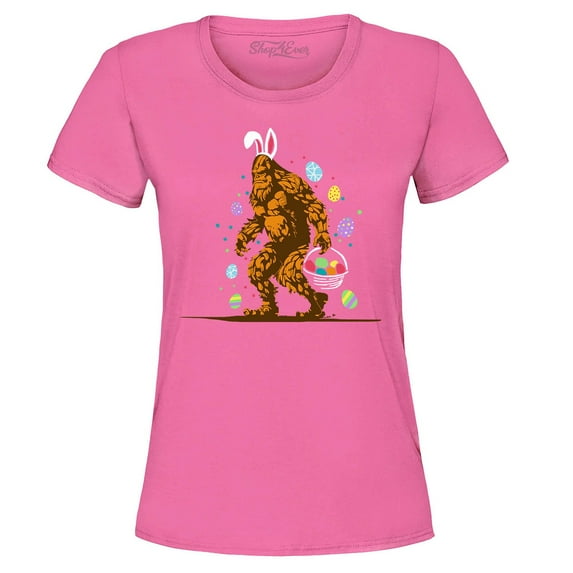 Shop4Ever Women's Bigfoot with Easter Basket and Eggs Funny Graphic T-Shirt X-Large Azalea Pink