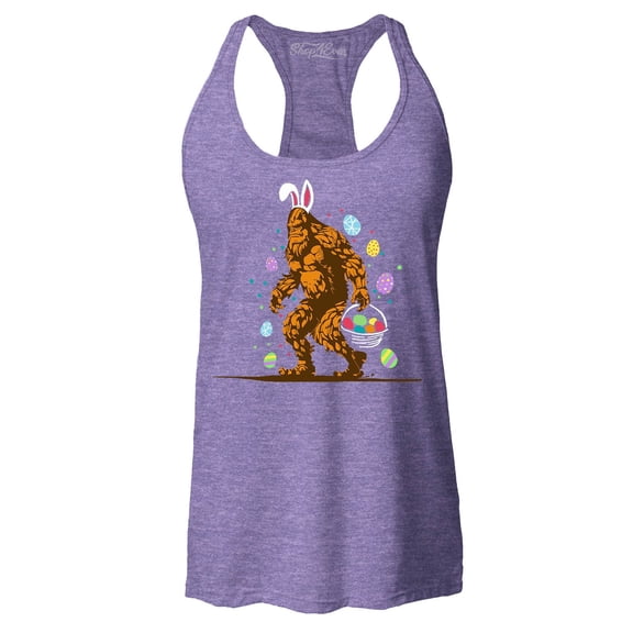 Shop4Ever Women's Bigfoot with Easter Basket and Eggs Funny Racerback Tank Top Large Purple