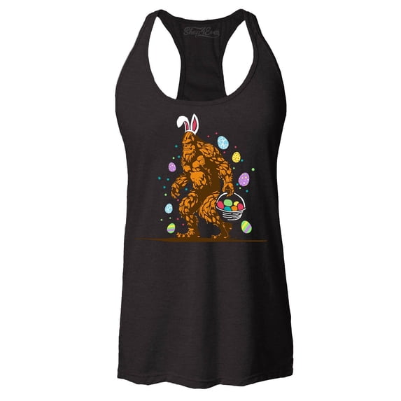 Shop4Ever Women's Bigfoot with Easter Basket and Eggs Funny Racerback Tank Top X-Small Black