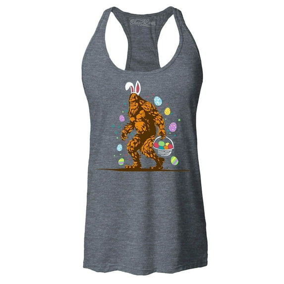 Shop4Ever Women's Bigfoot with Easter Basket and Eggs Funny Racerback Tank Top X-Small Charcoal