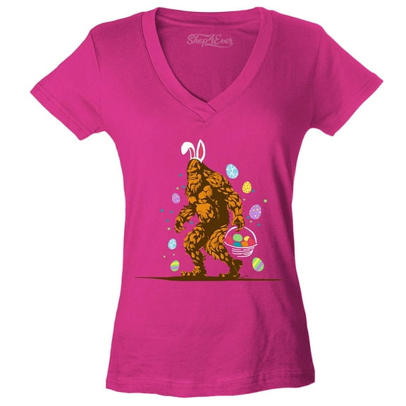 Shop4Ever Women's Bigfoot with Easter Basket and Eggs Funny Slim Fit V-Neck T-Shirt Large Pink