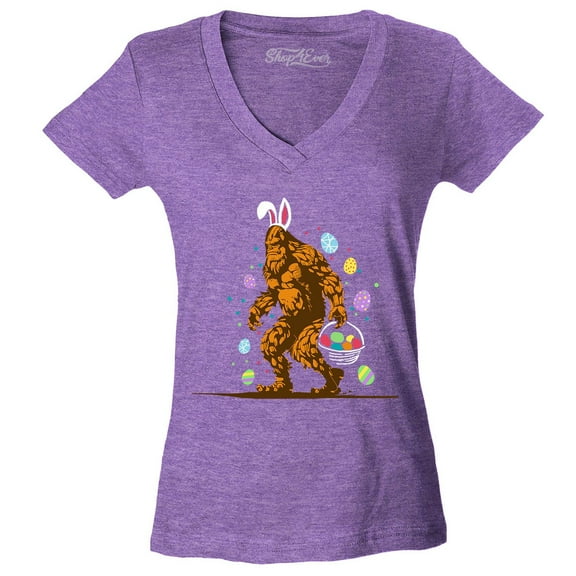 Shop4Ever Women's Bigfoot with Easter Basket and Eggs Funny Slim Fit V-Neck T-Shirt Medium Heather Purple