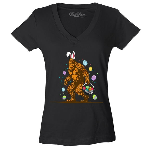Shop4Ever Women's Bigfoot with Easter Basket and Eggs Funny Slim Fit V-Neck T-Shirt Small Black