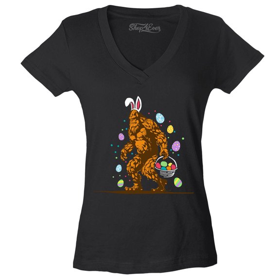 Shop4Ever Women's Bigfoot with Easter Basket and Eggs Funny Slim Fit V-Neck T-Shirt X-Large Black
