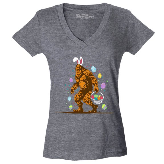 Shop4Ever Women's Bigfoot with Easter Basket and Eggs Funny Slim Fit V-Neck T-Shirt X-Large Heather Charcoal