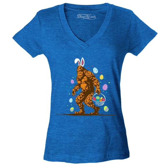 Shop4Ever Women's Bigfoot with Easter Basket and Eggs Funny Slim Fit V-Neck T-Shirt X-Large Heather Royal Blue