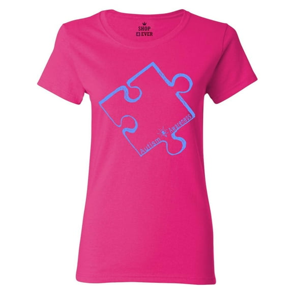 Shop4Ever Women's Blue Puzzle Piece Autism Awareness Graphic T-Shirt Large Heliconia Pink