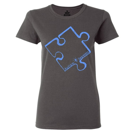 Shop4Ever Women's Blue Puzzle Piece Autism Awareness Graphic T-Shirt Medium Charcoal
