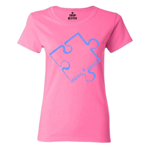 Shop4Ever Women's Blue Puzzle Piece Autism Awareness Graphic T-Shirt Small Azalea Pink