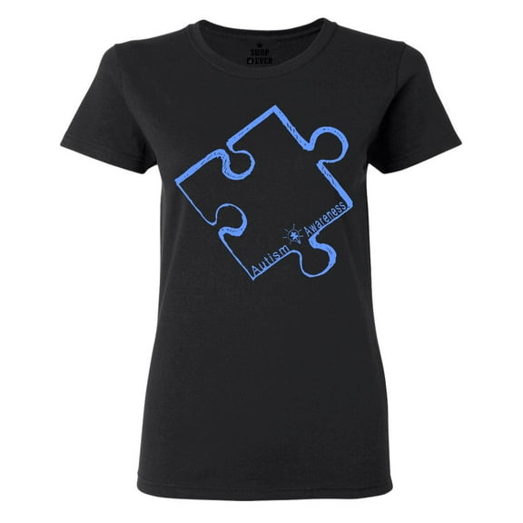 Shop4Ever Women's Blue Puzzle Piece Autism Awareness Graphic T-Shirt Small Black