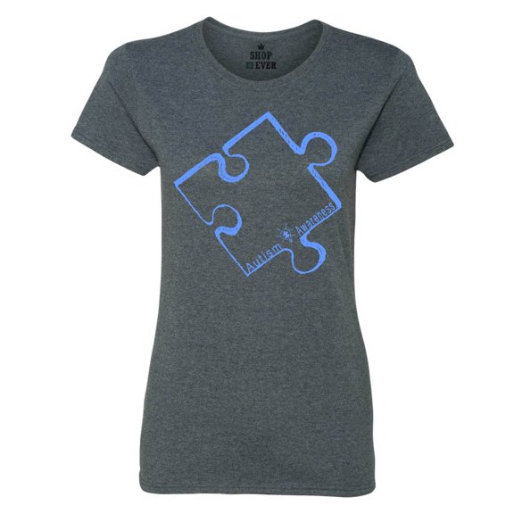 Shop4Ever Women's Blue Puzzle Piece Autism Awareness Graphic T-Shirt Small Dark Heather