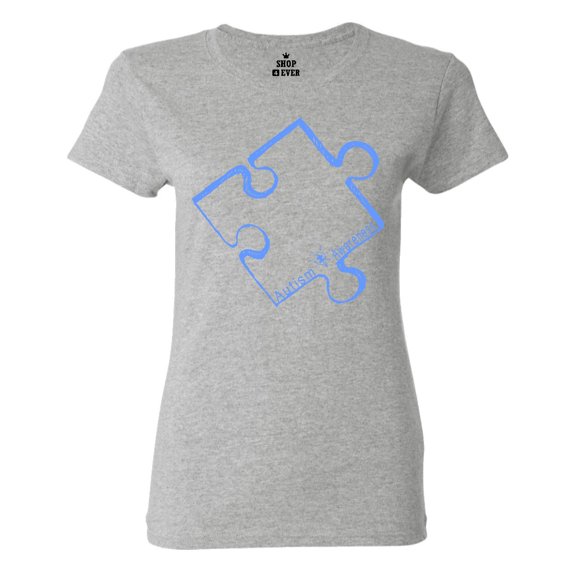 Shop4Ever Women's Blue Puzzle Piece Autism Awareness Graphic T-Shirt Small Sports Grey