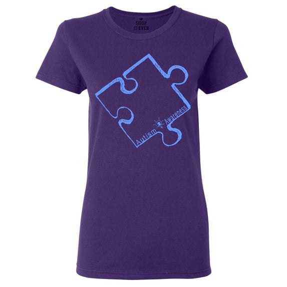 Shop4Ever Women's Blue Puzzle Piece Autism Awareness Graphic T-Shirt X-Large Purple
