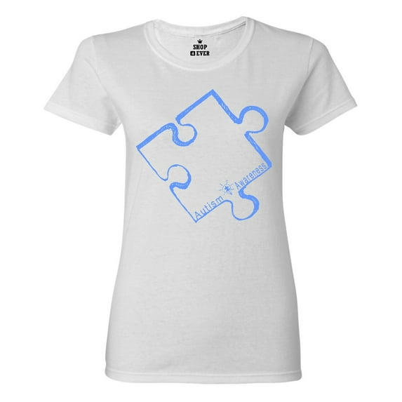 Shop4Ever Women's Blue Puzzle Piece Autism Awareness Graphic T-Shirt XX-Large White