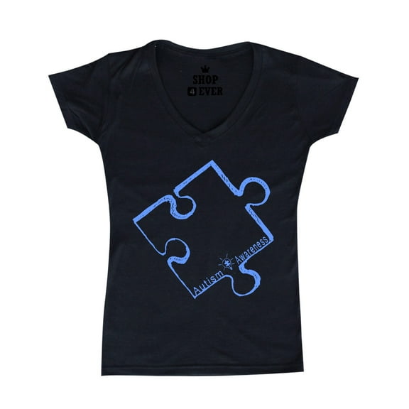 Shop4Ever Women's Blue Puzzle Piece Autism Awareness Slim Fit V-Neck T-Shirt Large Black
