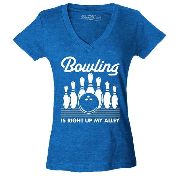 Shop4Ever Women's Bowling is Right Up My Alley Bowler Slim Fit V-Neck T-Shirt Medium Heather Royal Blue