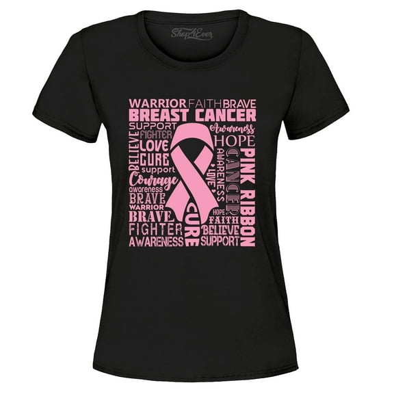 Shop4Ever Women's Breast Cancer Awareness Pink Ribbon Word Cloud Graphic T-Shirt Large Black