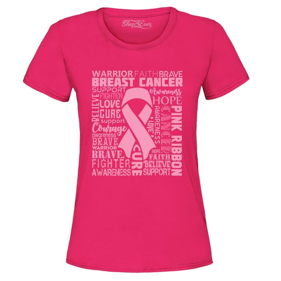 Shop4Ever Women's Breast Cancer Awareness Pink Ribbon Word Cloud Graphic T-Shirt Large Heliconia Pink