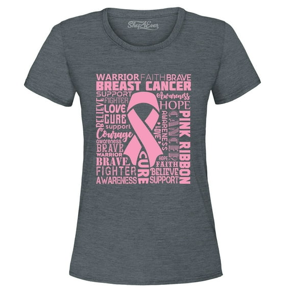 Shop4Ever Women's Breast Cancer Awareness Pink Ribbon Word Cloud Graphic T-Shirt XXX-Large Dark Heather