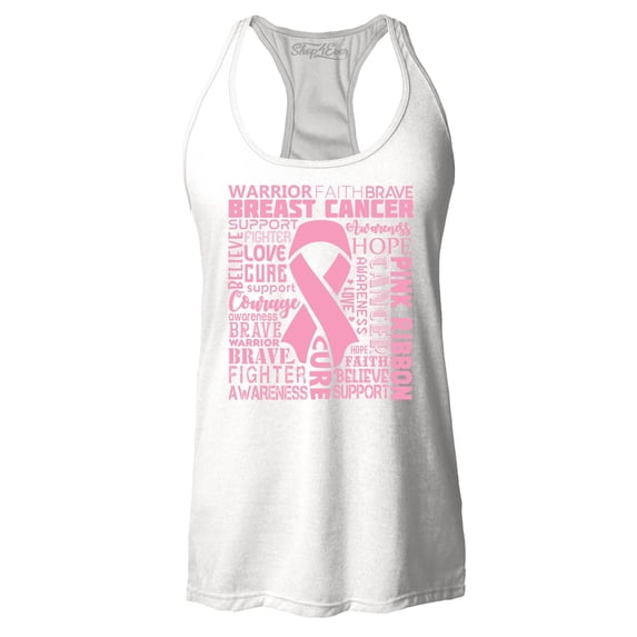 Shop4Ever Women's Breast Cancer Awareness Pink Ribbon Word Cloud Racerback Tank Top Small White