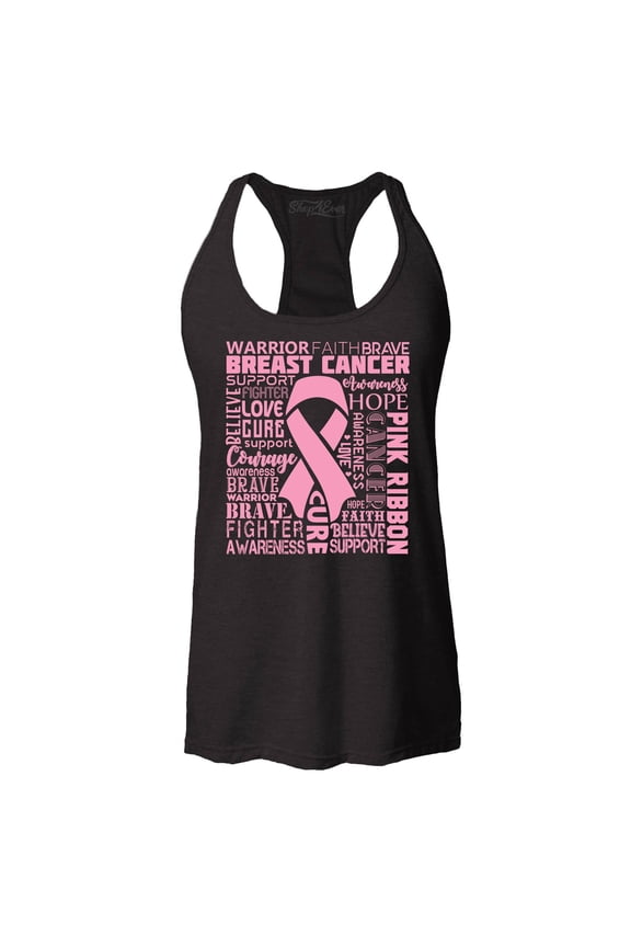 Women's Breast Cancer Awareness Pink Ribbon Word Cloud Racerback Tank Top X-Large Black
