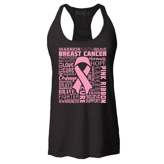 Shop4Ever Women's Breast Cancer Awareness Pink Ribbon Word Cloud Racerback Tank Top XX-Large Black