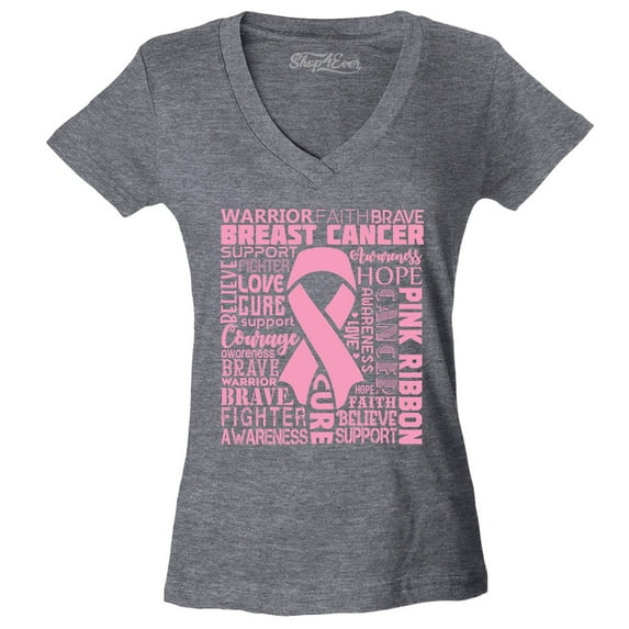 Shop4Ever Women's Breast Cancer Awareness Pink Ribbon Word Cloud Slim Fit V-Neck T-Shirt Large Heather Charcoal
