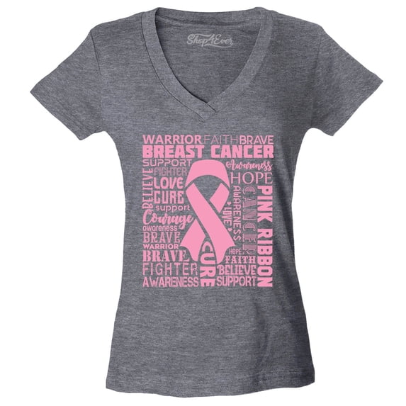 Shop4Ever Women's Breast Cancer Awareness Pink Ribbon Word Cloud Slim Fit V-Neck T-Shirt X-Small Heather Charcoal