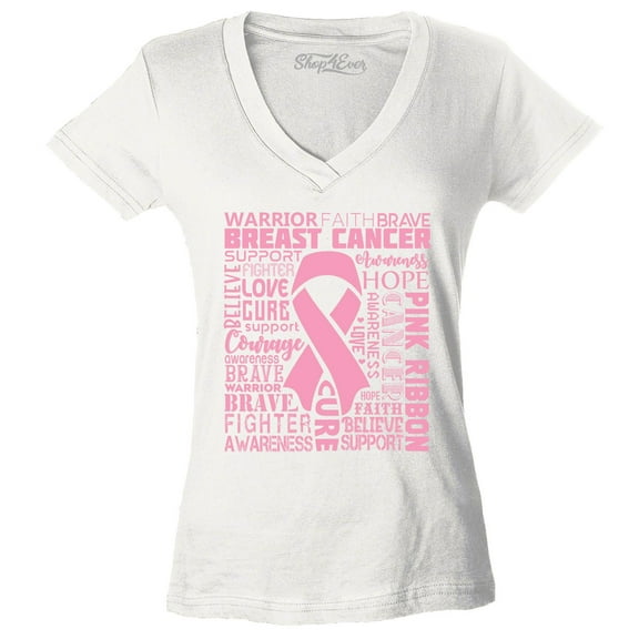 Shop4Ever Women's Breast Cancer Awareness Pink Ribbon Word Cloud Slim Fit V-Neck T-Shirt X-Small White