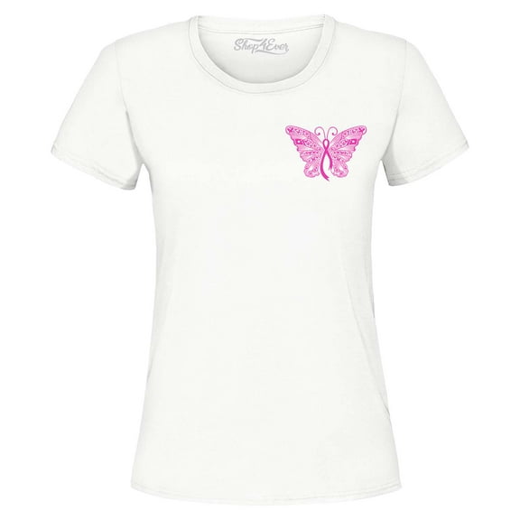 Shop4Ever Women's Breast Cancer Awareness Ribbon Butterfly Pocket Graphic T-Shirt Large White