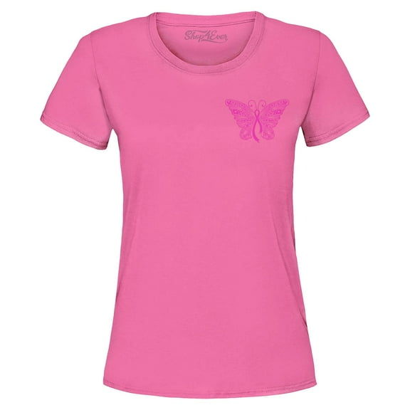 Shop4Ever Women's Breast Cancer Awareness Ribbon Butterfly Pocket Graphic T-Shirt X-Large Azalea Pink