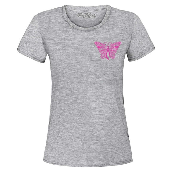 Shop4Ever Women's Breast Cancer Awareness Ribbon Butterfly Pocket Graphic T-Shirt X-Large Sports Grey
