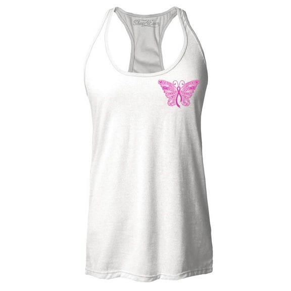Shop4Ever Women's Breast Cancer Awareness Ribbon Butterfly Pocket Racerback Tank Top Small White