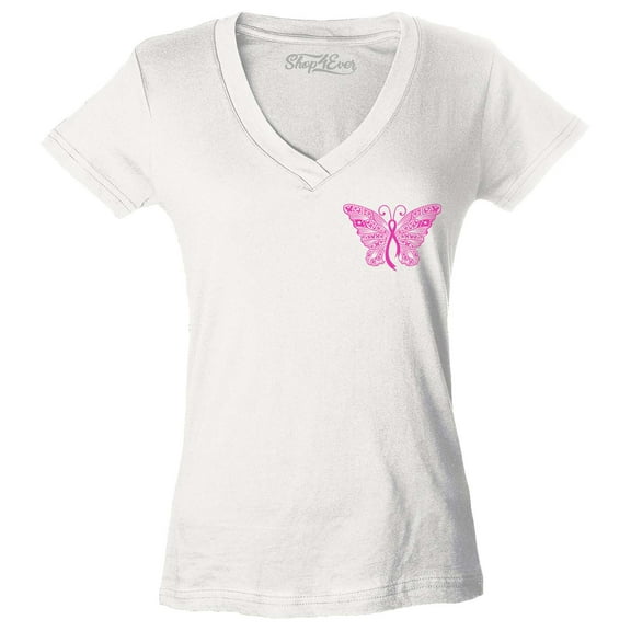 Shop4Ever Women's Breast Cancer Awareness Ribbon Butterfly Pocket Slim Fit V-Neck T-Shirt Small White