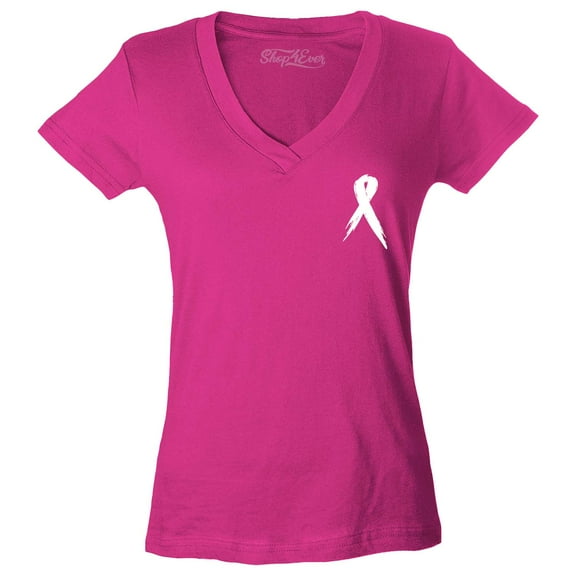 Shop4Ever Women's Breast Cancer Awareness Ribbon Pocket Size Slim Fit V-Neck T-Shirt Medium Pink