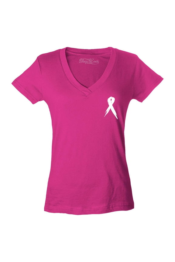 Women's Breast Cancer Awareness Ribbon Pocket Size Slim Fit V-Neck T-Shirt XX-Large Pink