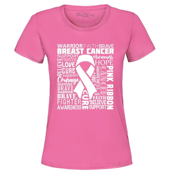 Shop4Ever Women's Breast Cancer Awareness White Ribbon Word Cloud Graphic T-Shirt Large Azalea Pink