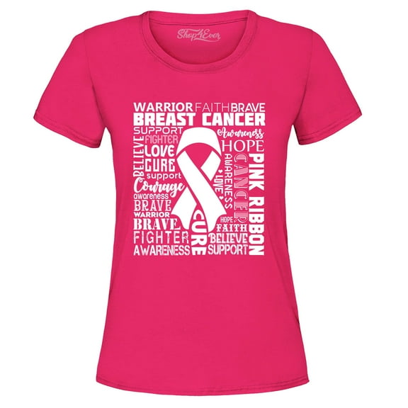 Shop4Ever Women's Breast Cancer Awareness White Ribbon Word Cloud Graphic T-Shirt Medium Heliconia Pink