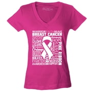 Shop4Ever Women's Breast Cancer Awareness White Ribbon Word Cloud Slim Fit V-Neck T-Shirt X-Large Pink