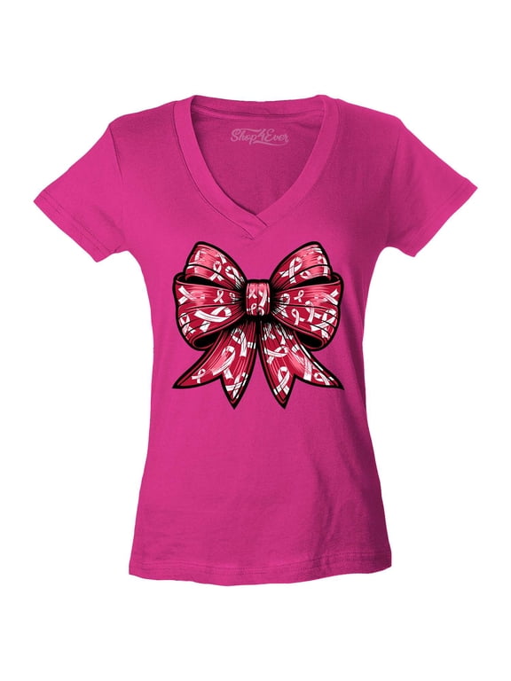 Women's Breast Cancer Bow Slim Fit V-Neck T-Shirt Large Pink