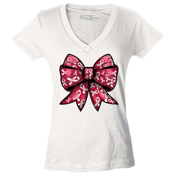 Shop4Ever Women's Breast Cancer Bow Slim Fit V-Neck T-Shirt Medium White